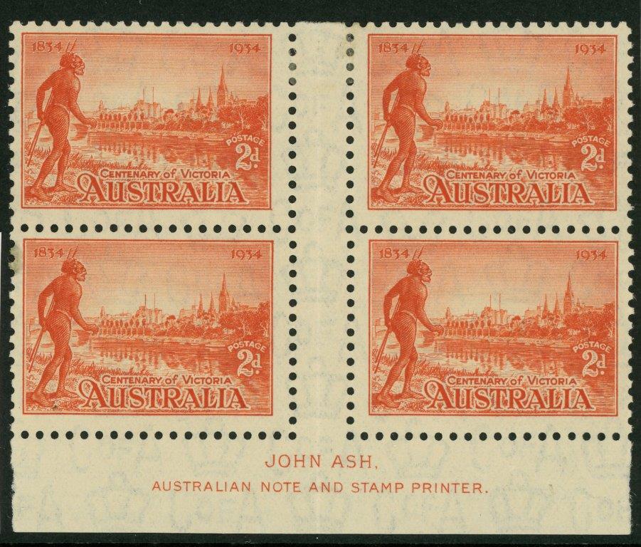 Australia SG 147 1934 2d Victoria Centenary Perf 10½  imprint block of 4 MLH