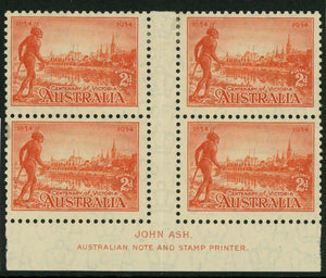 Australia SG 147 1934 2d Victoria Centenary Perf 10½  imprint block of 4 MLH