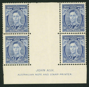 Australia SG 168 3d Blue Die 1 KGVI imprint block of 4 MUH