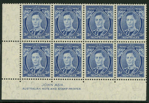 Australia SG 168ca 3d Blue Die 2 thin paper KGVI Imprint block of 8 MLH