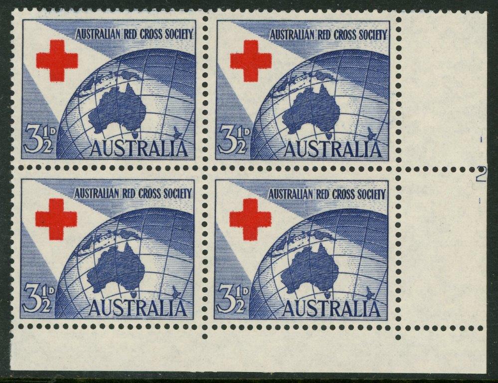 Australia SG 276 31/2d Red Cross Society Plate 2 Block of 4 MUH