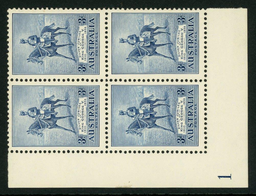 Australia BW 167zb 1935 3d Silver Jubilee "George . V flaw" Plate 1 Block of 4 MUH