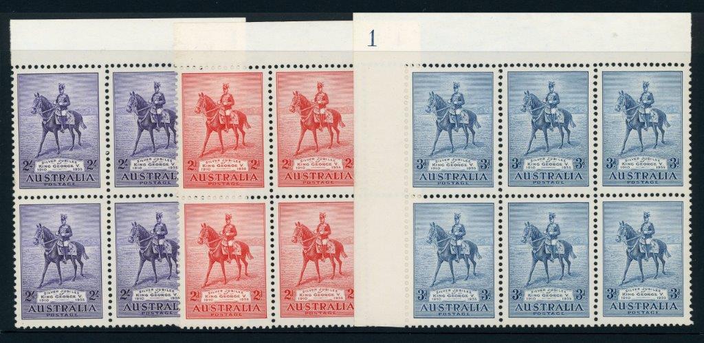 Australia SG 156/8 1935  Silver Jubilee Set Plate 1 Blocks of 4 MUH