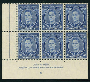 Australia SG 186 3d Blue Die 3 KGVI Imprint block of 6 MUH Gutter margin