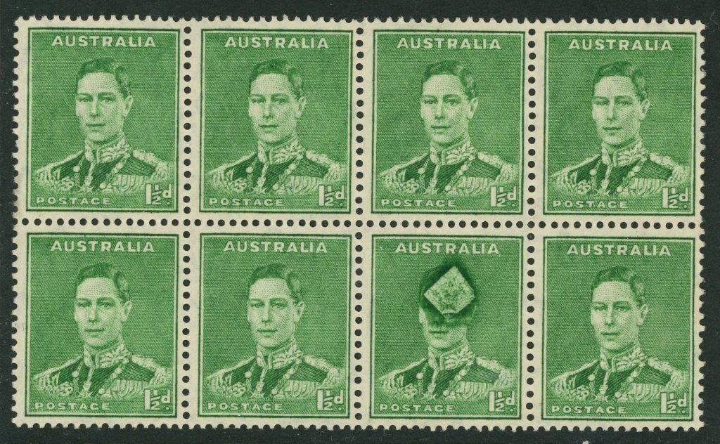 Australia SG 186 11/2d Green KGVI missing head error block of 8 MUH