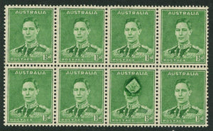 Australia SG 186 11/2d Green KGVI missing head error block of 8 MUH