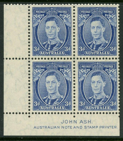 Australia SG 168ca 3d Blue Die 2 thin paper KGVI Imprint block of 4 MLH