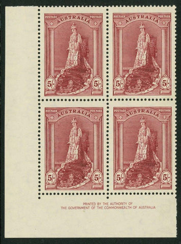 Australia SG 176  Robes thick paper 5/-  Authority imprint block of 4. MUH