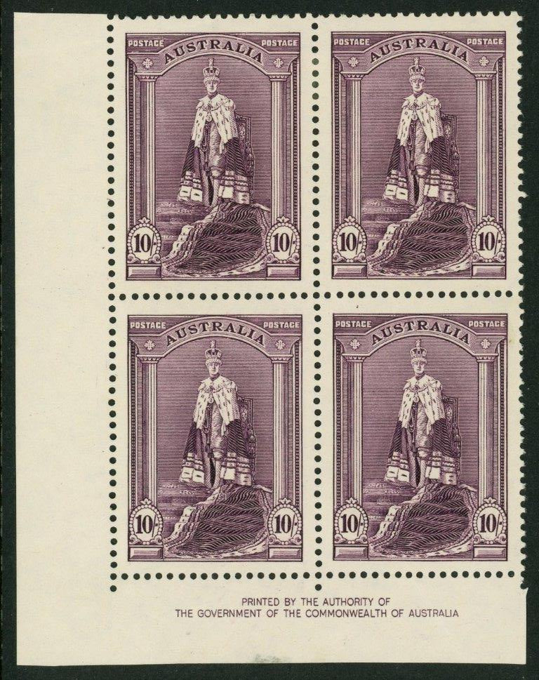 Australia SG 177  Robes thick paper 10/-  Authority imprint block of 4. MUH