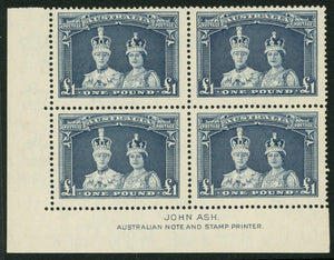 Australia SG 178  Robes thick paper £1  Ash imprint block of 4. MLH