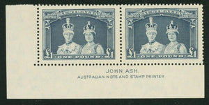 Australia SG 178  Robes thick paper £1  Ash imprint pair MUH