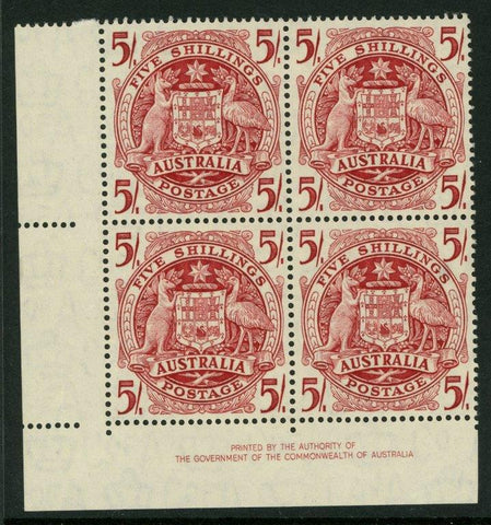 Australia SG 224a 5/- Arms  Corner Imprint Block of 4 MUH