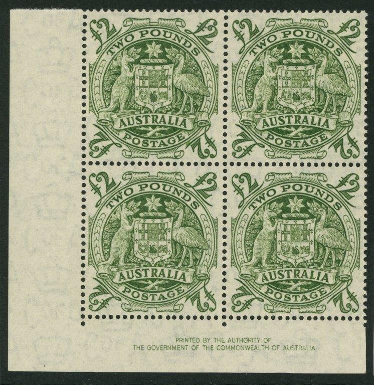 Australia SG224d  £2 Arms Corner Imprint Block of 4 MUH with Roller Flaw