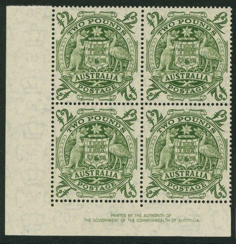 Australia SG224d  £2 Arms Corner Imprint Block of 4 MUH with Roller Flaw