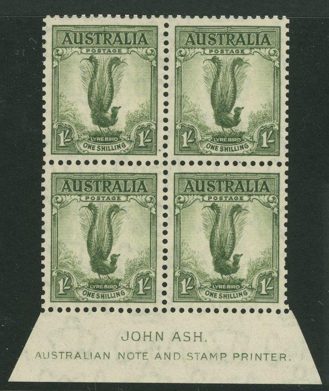 Australia BW 208zc 1/- Lyre Bird 42.5mm Ash Imprint Block of 4 MUH