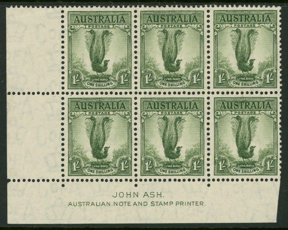 Australia SG 192 1/- Lyre Bird Perf 14 x 15 Ash Imprint Block of 6 MUH