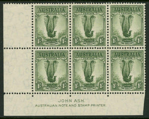 Australia SG 192 1/- Lyre Bird Perf 14 x 15 Ash Imprint Block of 6 MUH