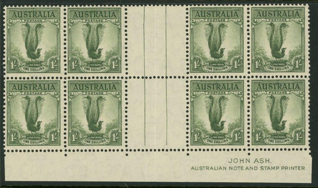 Australia SG 192 1/- Lyre Bird Perf 14 x 15 Ash Imprint Block of 8 MUH