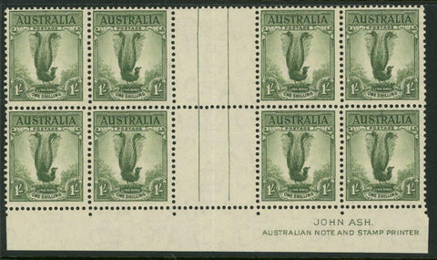 Australia SG 192 1/- Lyre Bird Perf 14 x 15 Ash Imprint Block of 8 MUH