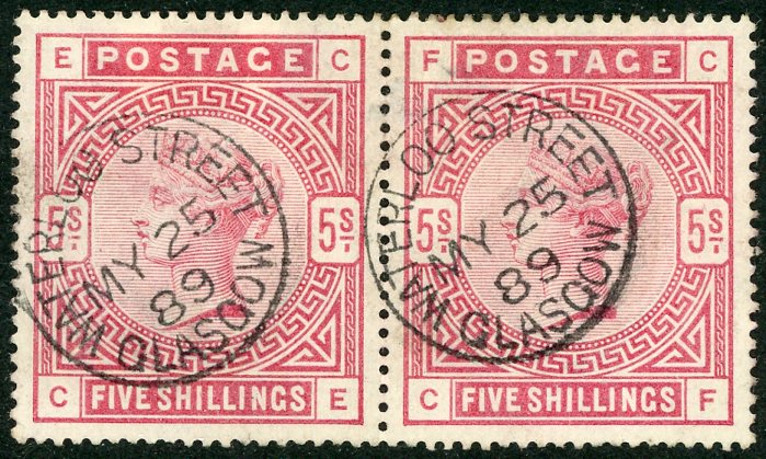 GB Great Britain SG 180 5/- Rose Pair Cancelled Waterloo Street Glasgow Slight Thin