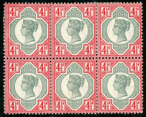 GB Great Britain SG 206 4½d Postage and Revenue Block of 6 Mint