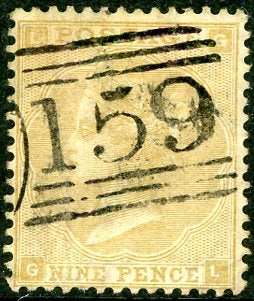 Great Britain 9d Straw Stamp with numeral cancel 159