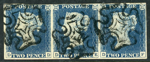 GB Great Britain 2d Blue QV Strip of 3 Stamps with Black Maltese Cross