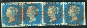 GB Great Britain 1840 SG5 2d Blue Horizontal Strip of 4 Stamps Maltese Cross Red