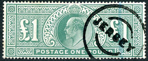 GB Great Britain SG 266 £1 dull blue-green Used in Jersey with light blue crayon