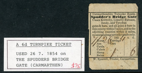 GB Great Britain 1854 6d Turnpike Ticket Spudder's Bridge