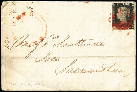Great Britain 1840 SG1 1d Penny Black Plate 2 Cover with Red Maltese Cross