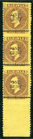 Sarawak Malayan States SG 27b 1c on 3c, unused vertical strip of 3 imperf between