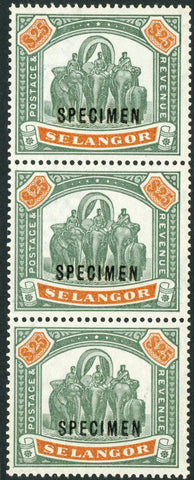 Selangor Malayan States $25 Elephant overprinted Specimen rare strip of 3 SG 66S