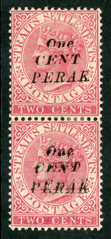Perak SG 29b 1c on 2c mint vertical pair, lower stamp has Double Overprint Error