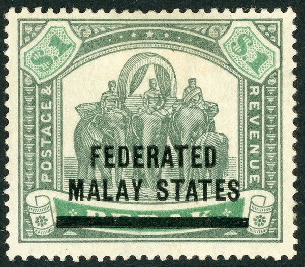 Federated Malay States overprinted on Perak, FMS SG 11 $1 Elephant MLH animals