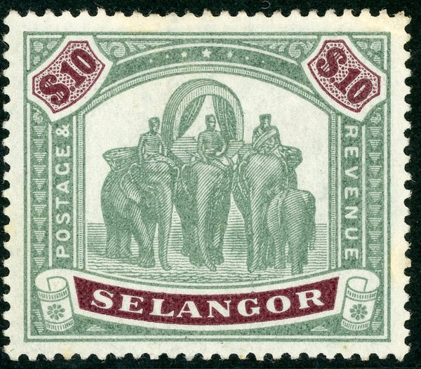 Malayan States Selangor SG 65 $10 green and purple elephant, fine mint.