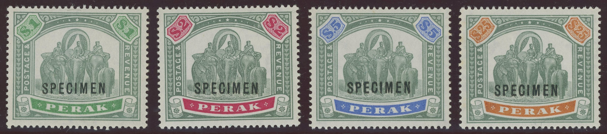 Malayan States Perak SG 76-80 $1, $2, $5 & $25 Specimen Stamps