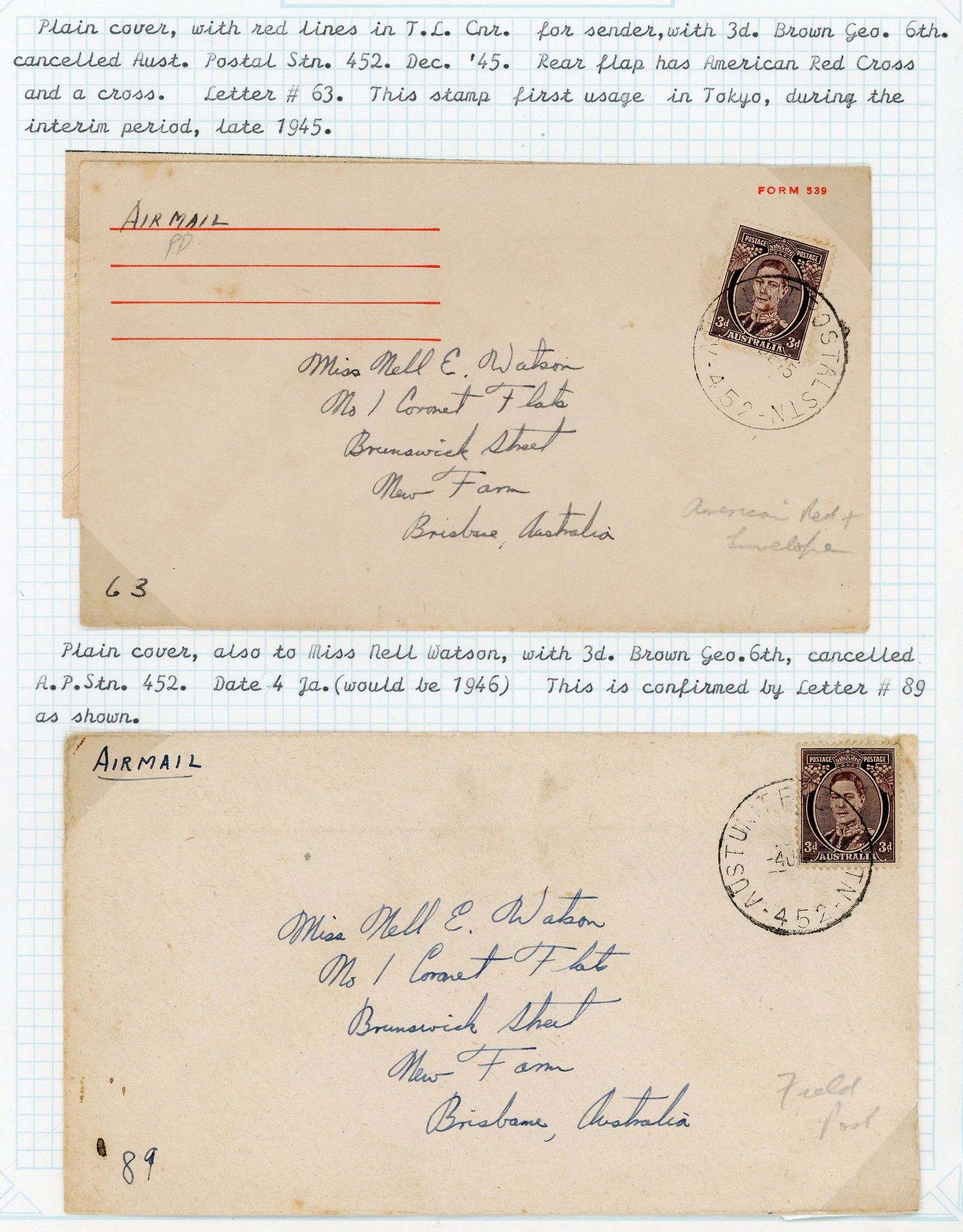 Australia used in Japan 1945-6. British Commonwealth Occupation Forces WW2 Military Mail 2 Plain Covers Addressed to Miss Nell E Watson Brisbane