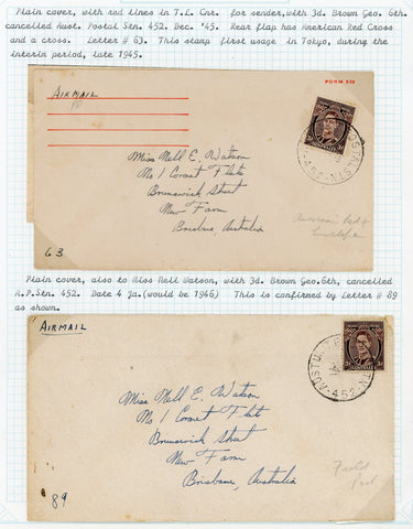 Australia used in Japan 1945-6. British Commonwealth Occupation Forces WW2 Military Mail 2 Plain Covers Addressed to Miss Nell E Watson Brisbane