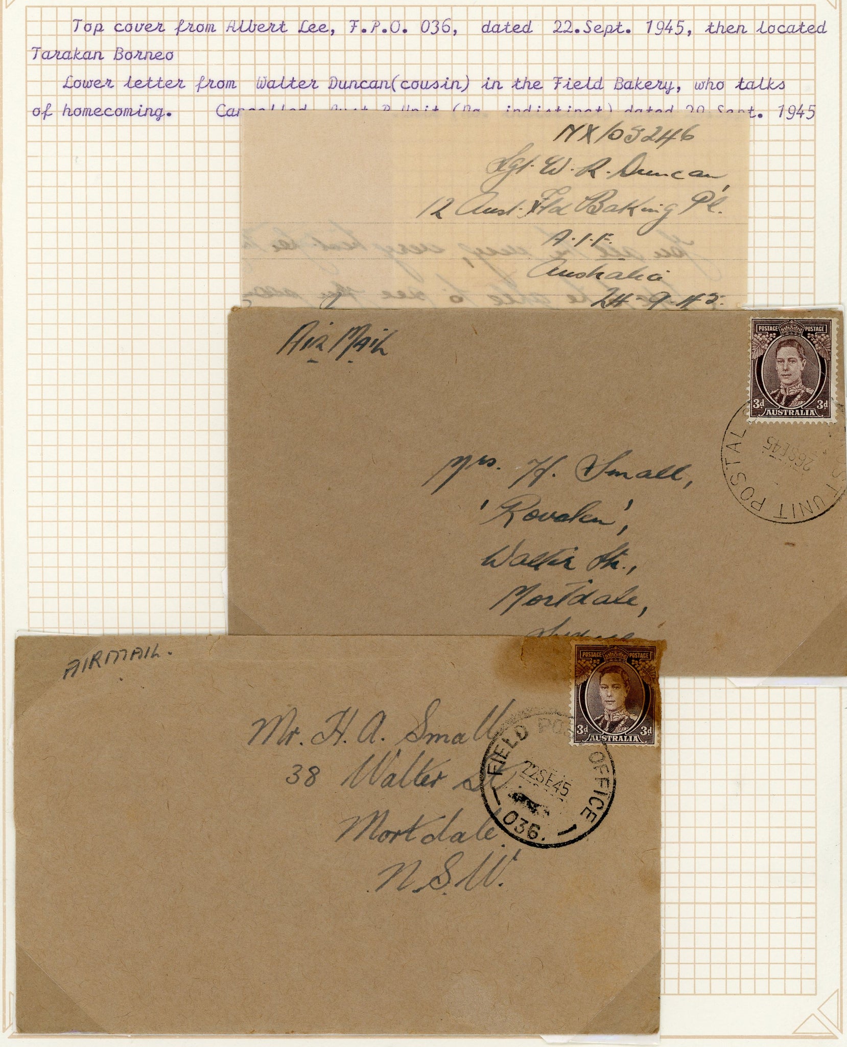 Borneo 1945 Military Mail. Two 3d KGVI Covers to Mortdale NSW