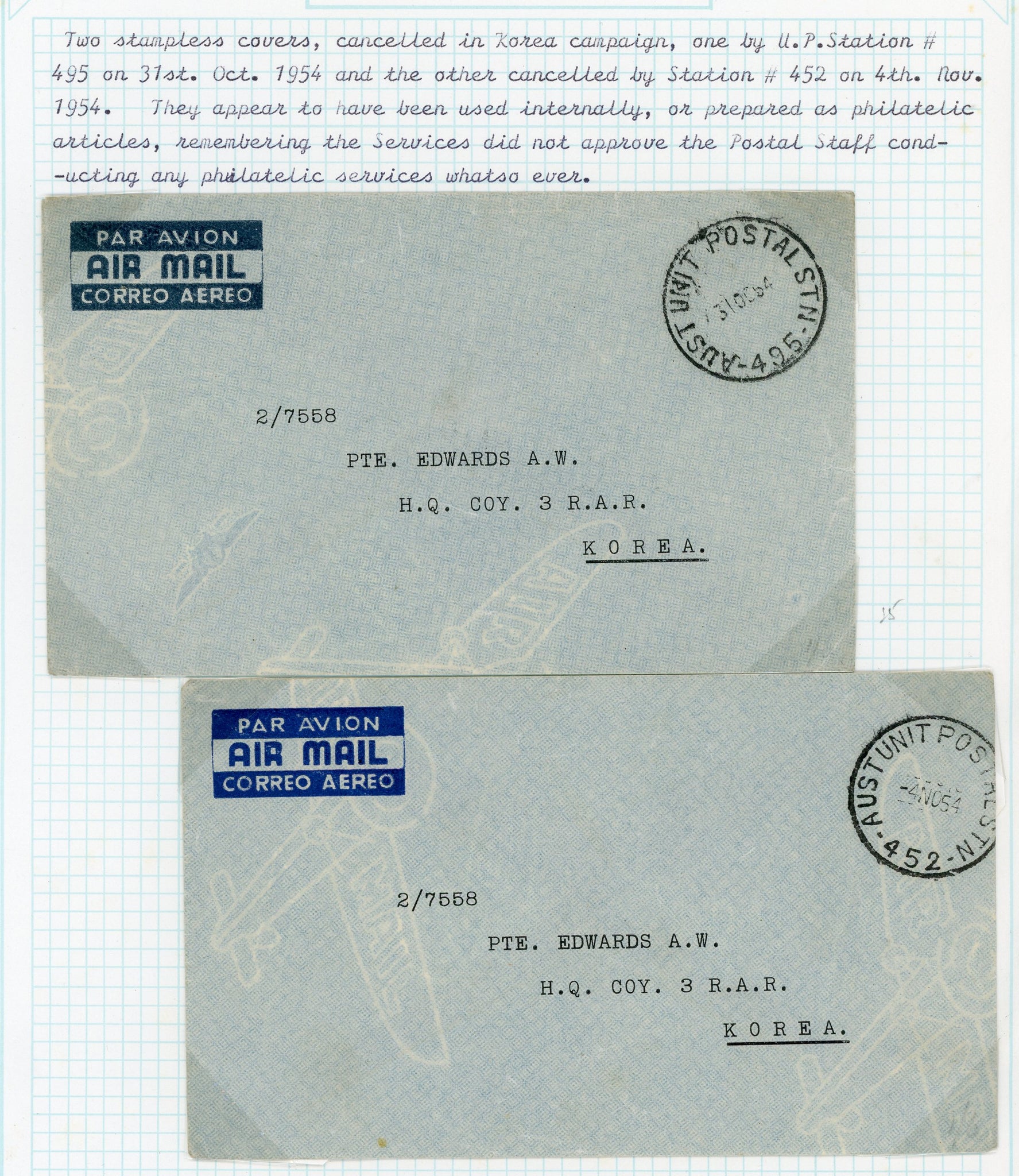 Australia Korea1954 Military Mail Australia 2 Stampless Covers Cancelled in Korea