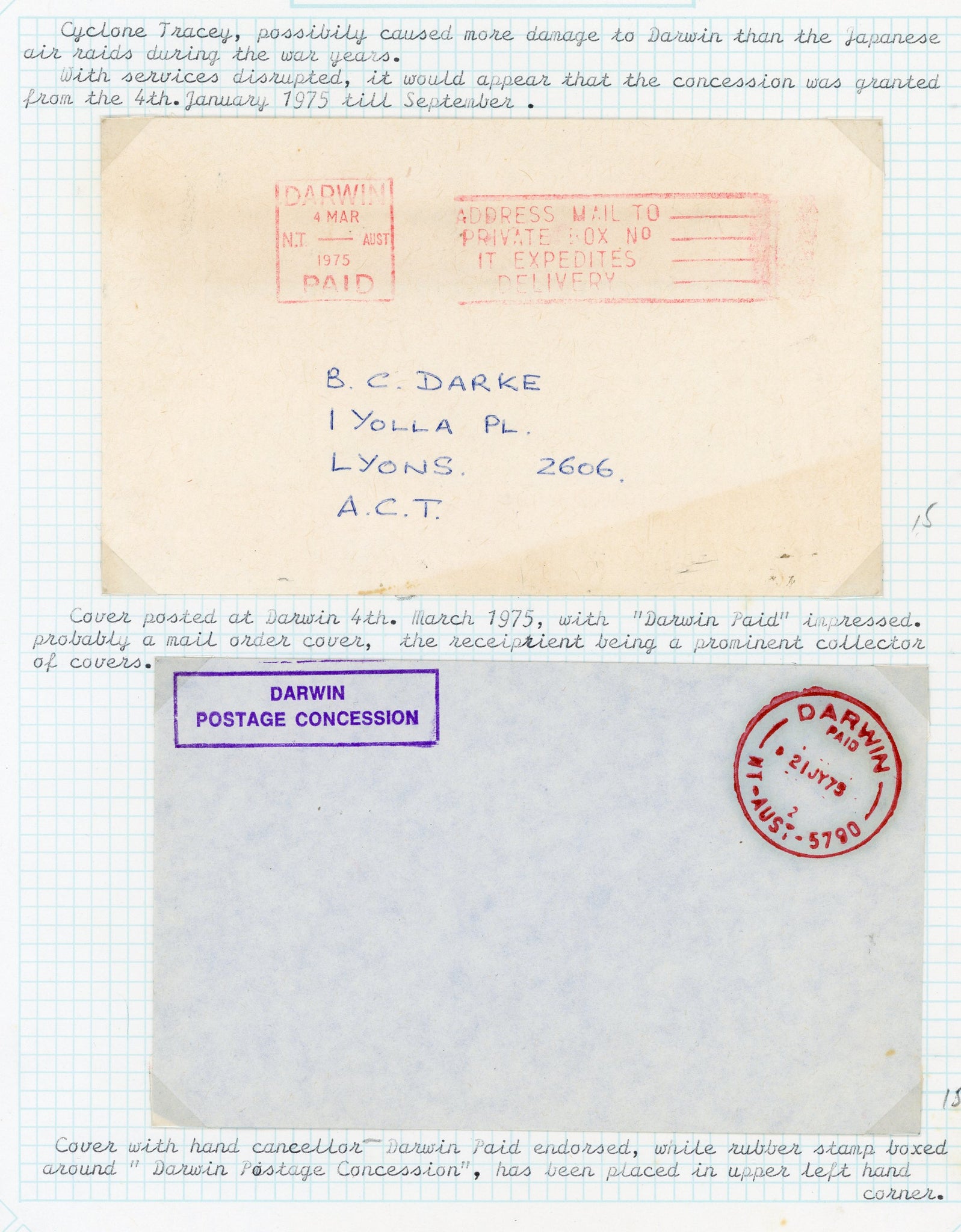 Australia 1975 Cyclone Tracey Darwin Northern Territory NT Disaster Mail. There were no stamps available and letters were sent free.