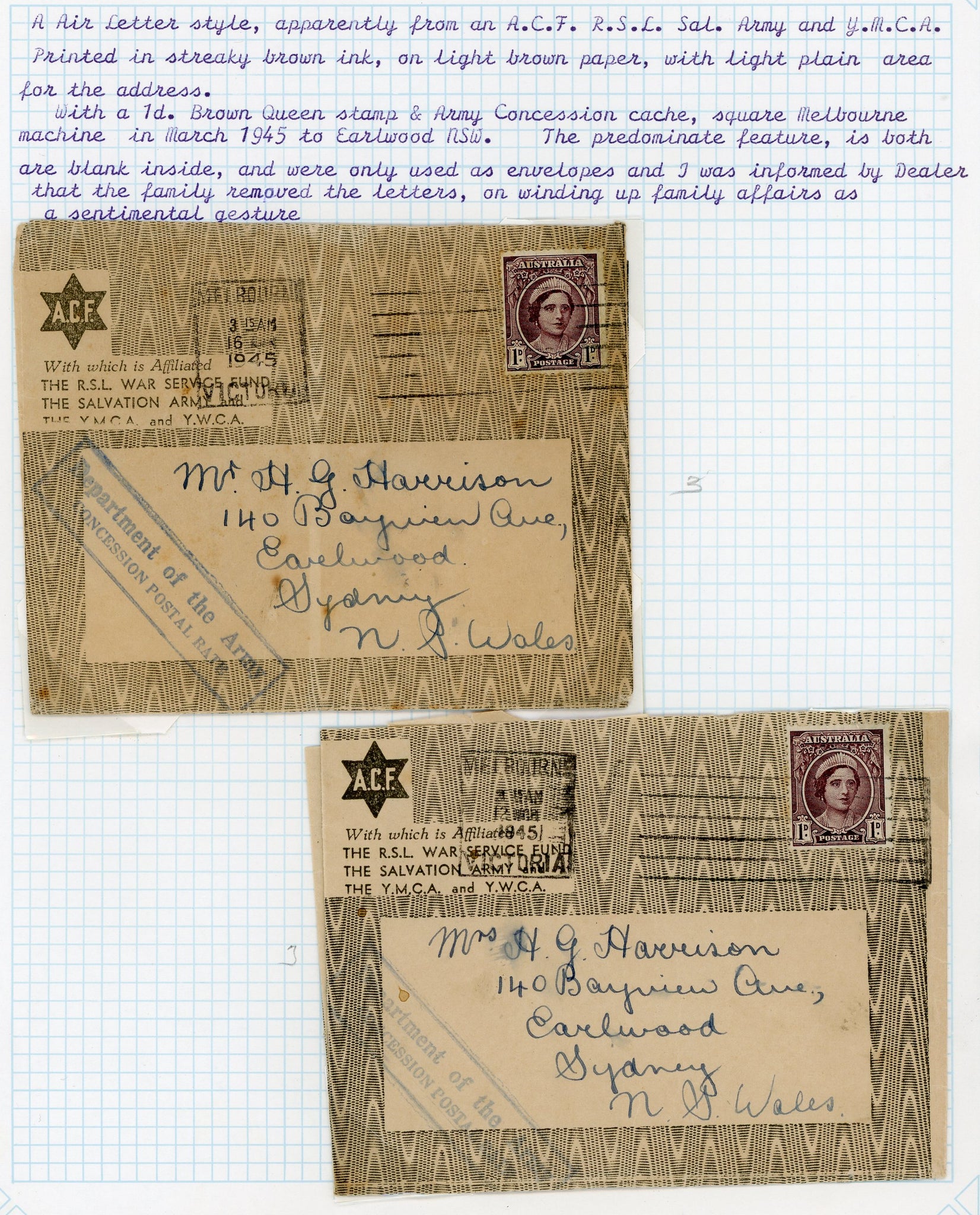 Australia 1945 WW2 Military Mail Department of the Army Concession Postal Rate