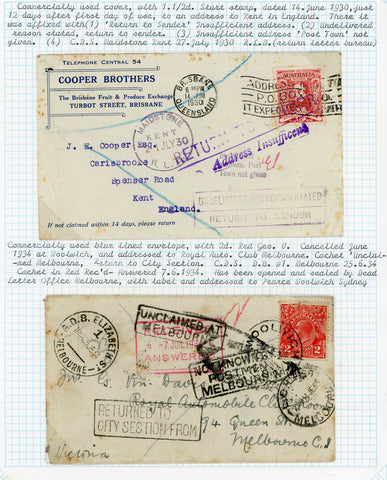 Return to Sender Mail Brisbane Cooper Brothers & Royal Auto Club Melbourne