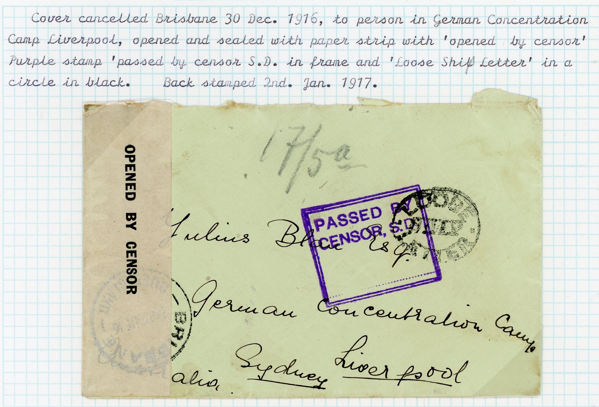 Australia 1916 WWI Military Mail to Liverpool Internment Camp, Sydney Passed By Censor
