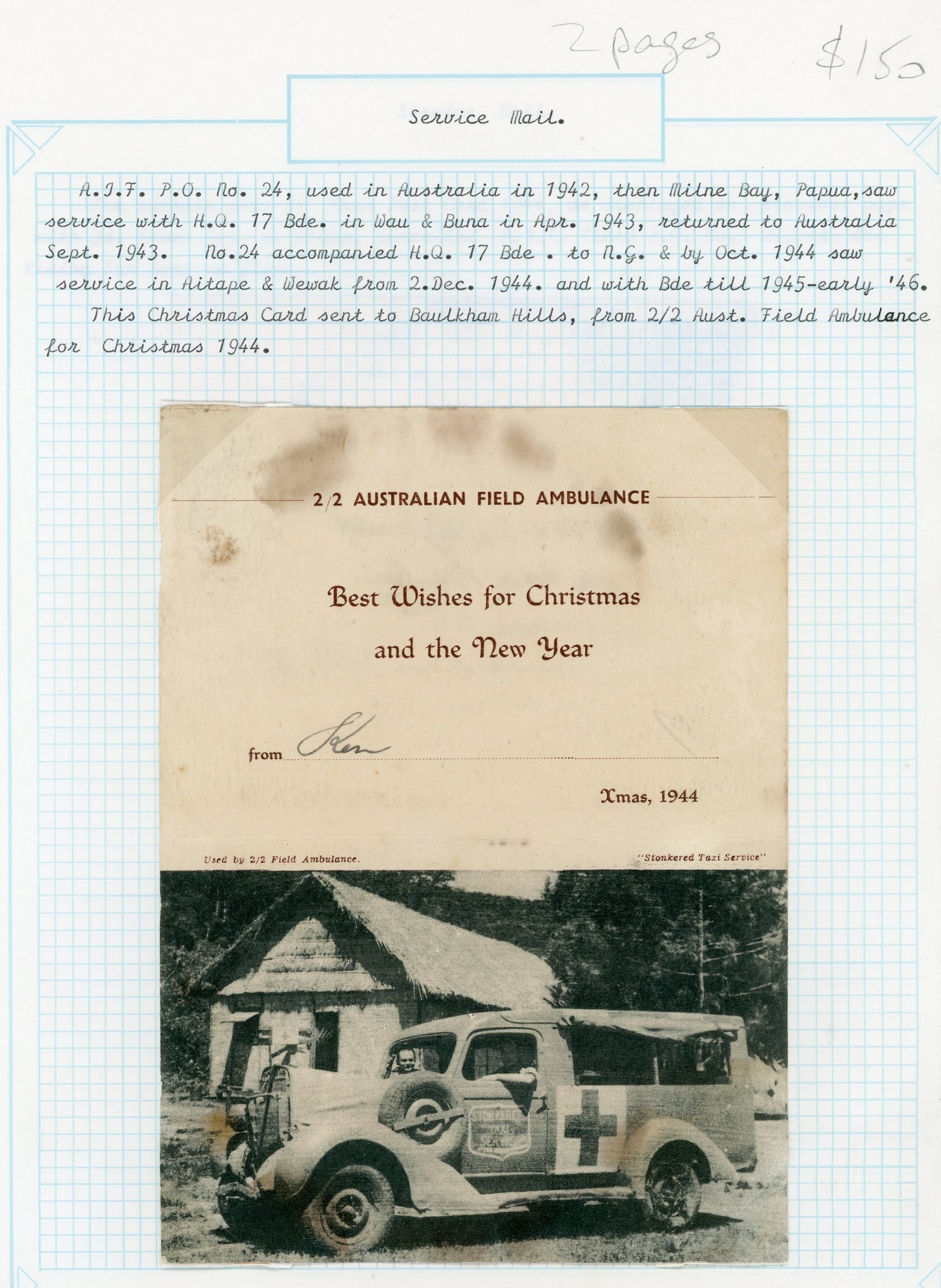 Australia 1944 WW2 Military Mail AIF PO No 24 Christmas Card from Australian Field Ambulance