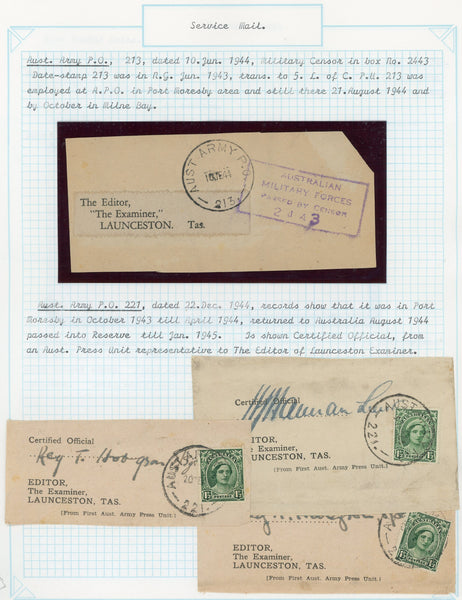 WW2 Military Mail Wrappers on 4 Pages Editor The Examiner Launceston Tasmania