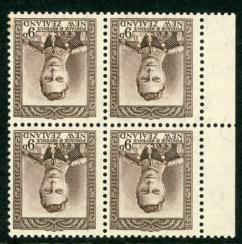 New Zealand SG685u 9d KGVI Block of 4 Inverted Watermark 3 Stamps MUH