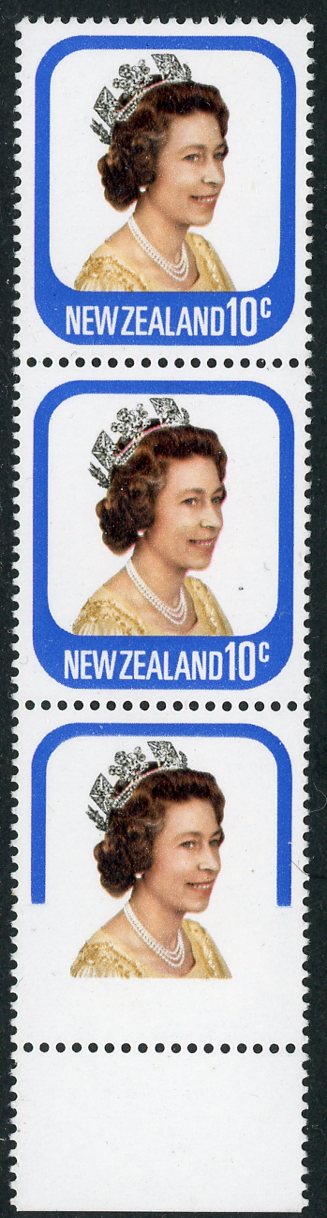 New Zealand SG1094a 10c Queen Elizabeth strip of 3 Part Missing Blue
