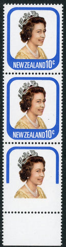 New Zealand SG1094a 10c Queen Elizabeth strip of 3 Part Missing Blue